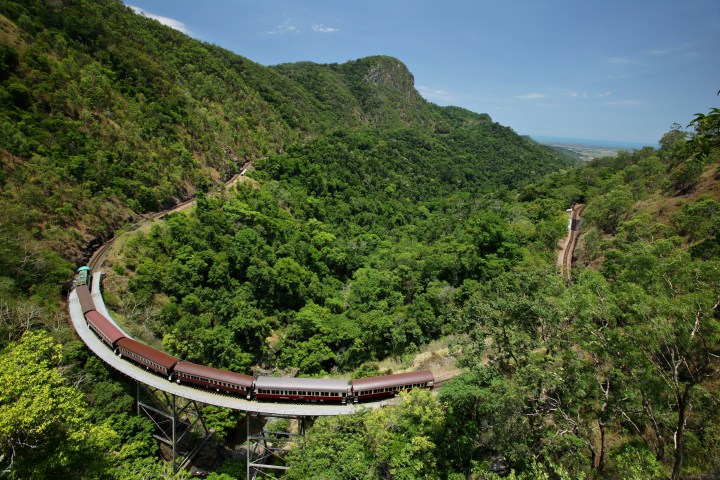 a train traveling through a lush green hillside