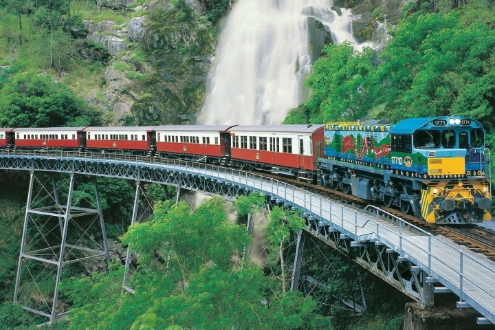 a train traveling down train tracks near a forest